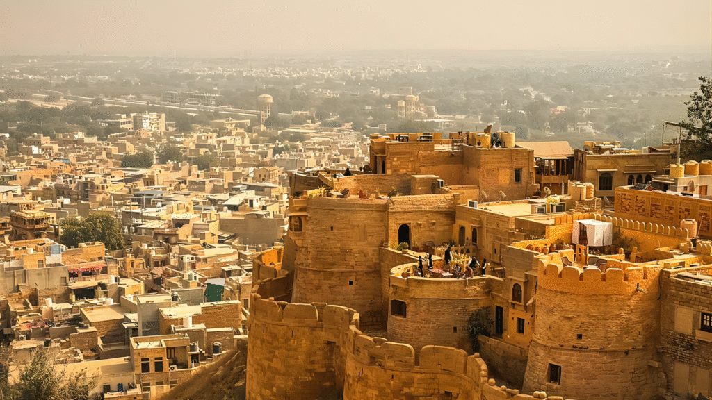 Sunlit streets of Jaisalmer lined with thick sandstone walls designed to protect against the intense desert climate.