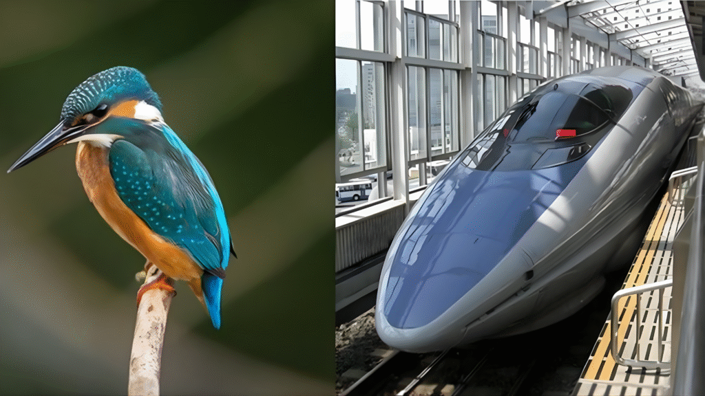 Japan’s bullet train nose inspired by a kingfisher’s beak to reduce noise and improve speed efficiency.