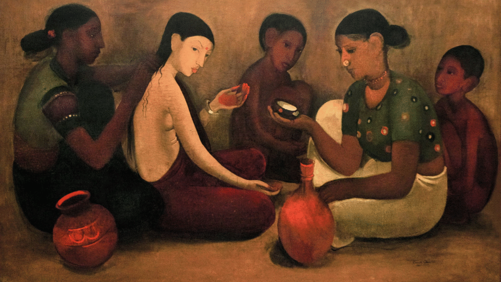 Amrita Sher-Gil’s Bride’s Toilet (1937), inspired by her travels across South India and the Ajanta Caves, reflects intimate moments of everyday life and cultural depth.