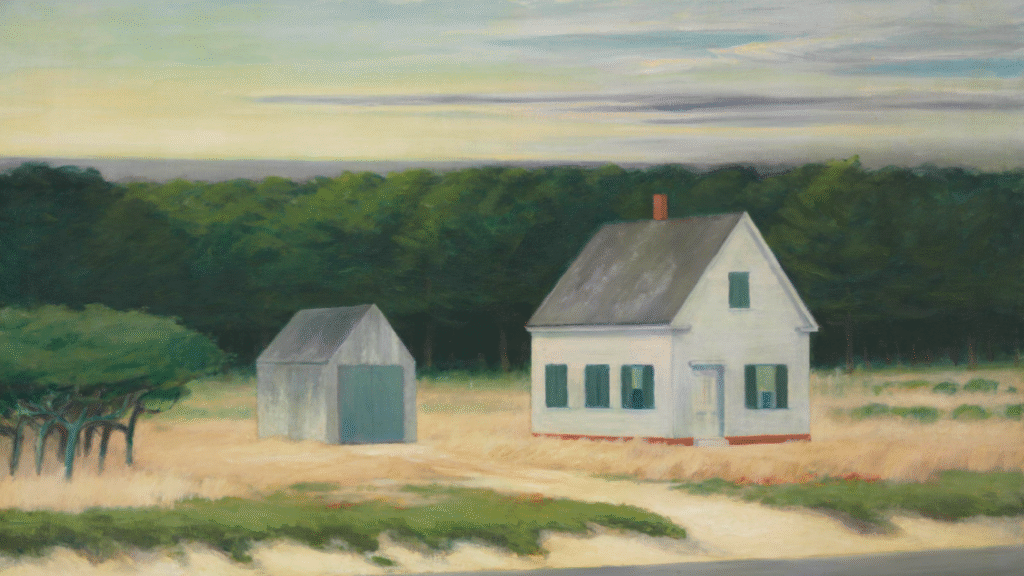 Edward Hopper’s October on Cape Cod, inspired by his summers in South Truro, reflects his search for subjects within familiar surroundings shaped by travel and routine.
