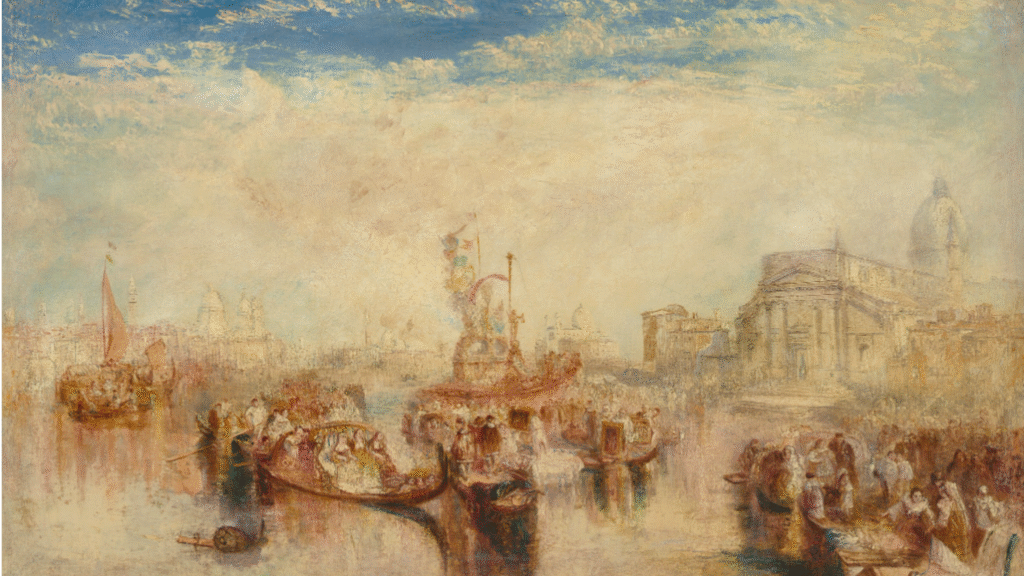 Joseph Mallord William Turner’s Depositing of John Bellini’s Three Pictures in La Chiesa Redentore, Venice (1841), painted during his final visit to the city, draws inspiration from his travels and Venice’s layered history and architecture.