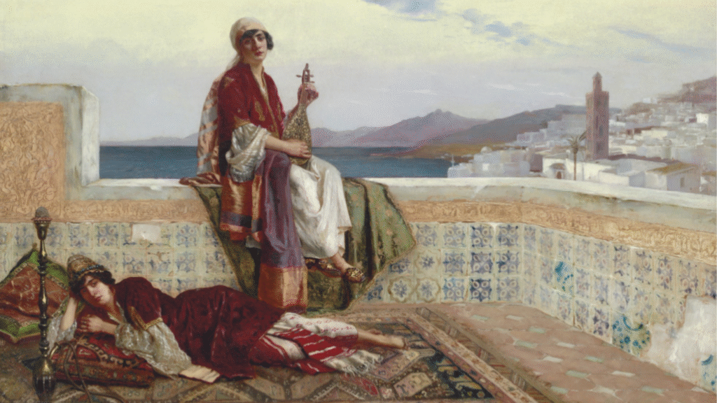 On the Terrace, Tangiers by Rudolf Ernst, inspired by his travels across North Africa and the Middle East, captures Orientalist scenes of Islamic culture and daily life.