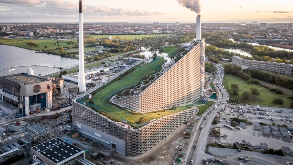 CopenHill (Amager Bakke) -Copenhagen, Denmark: A waste-to-energy plant in Copenhagen that transforms industrial infrastructure into a public landscape, blending sustainability with urban recreation.