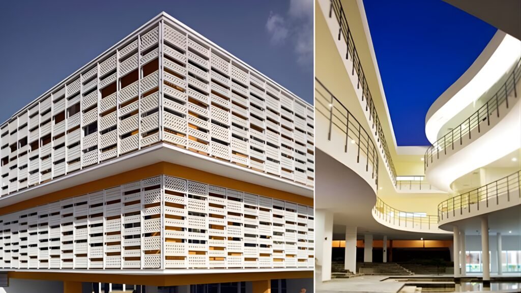 A climate-responsive campus in Jaipur that reinterprets traditional Rajasthani architecture through shaded courtyards, jaalis, and passive cooling to harmonize with its cultural and desert context.